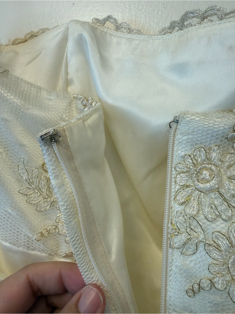 Jessica McClintock Ivory Tea Length Gown with Gold Lace Accents - Picture 7 of 8